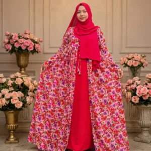 Red Floral Attached Koti Gown