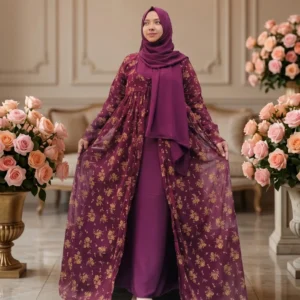 Plum Floral Attached Koti Gown