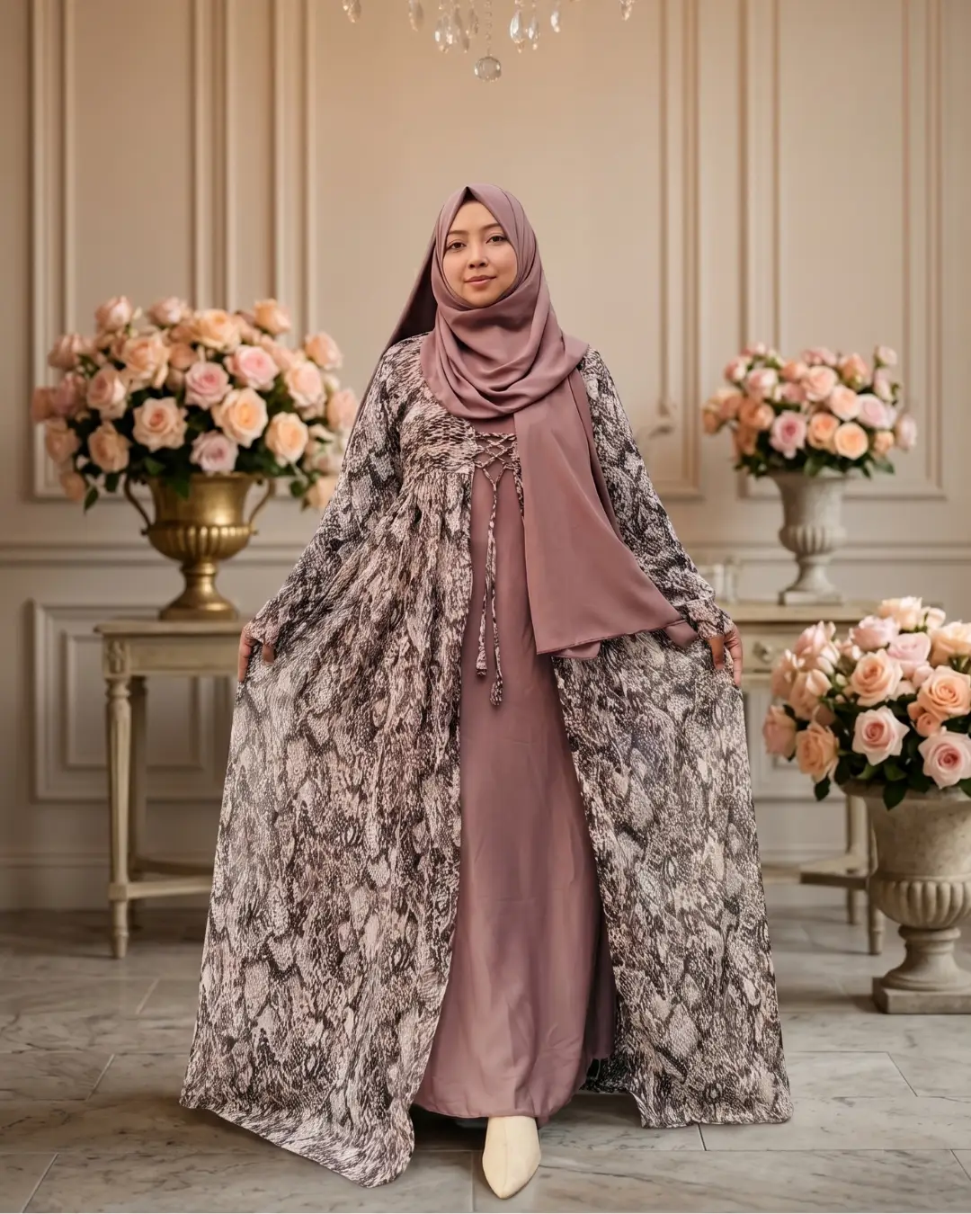 Mocha Printed Attached Koti Gown
